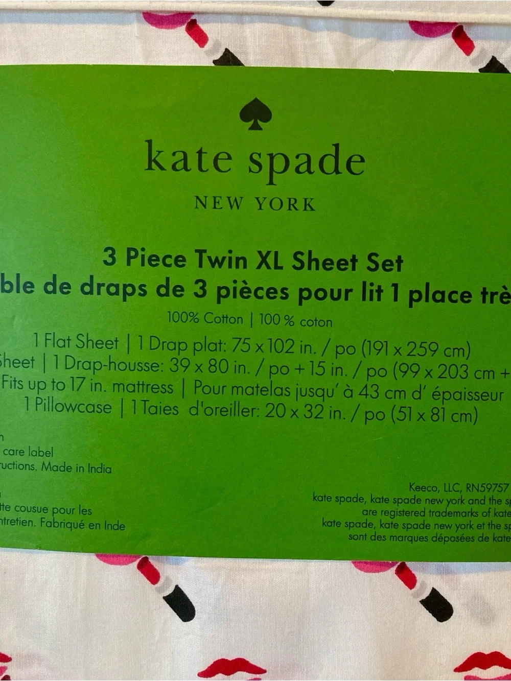 DORM READY NEW kate spade New York X-Long Twin Lipstick Print Sheet Set